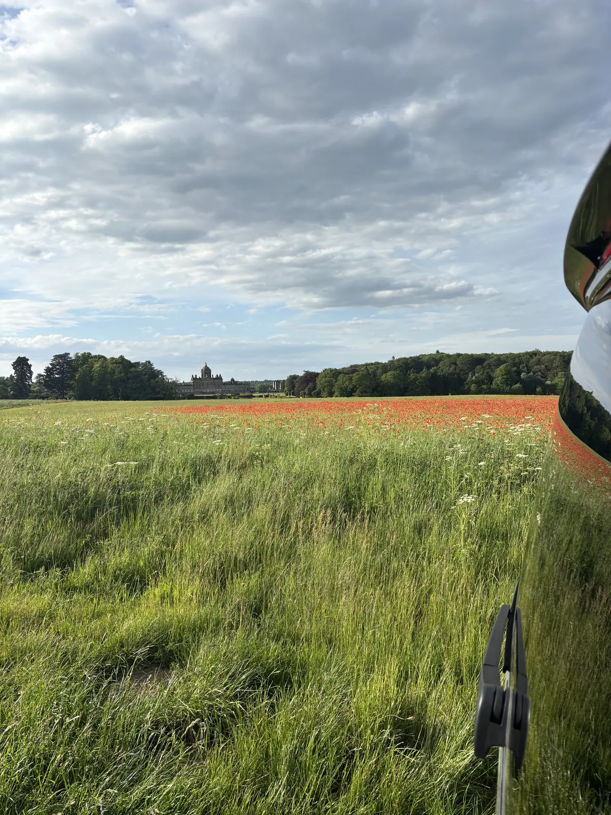 Wildflower meadow with poppies and a stately home beyond, beside the Mercedes-Benz V-Class on a private Yorkshire day tour